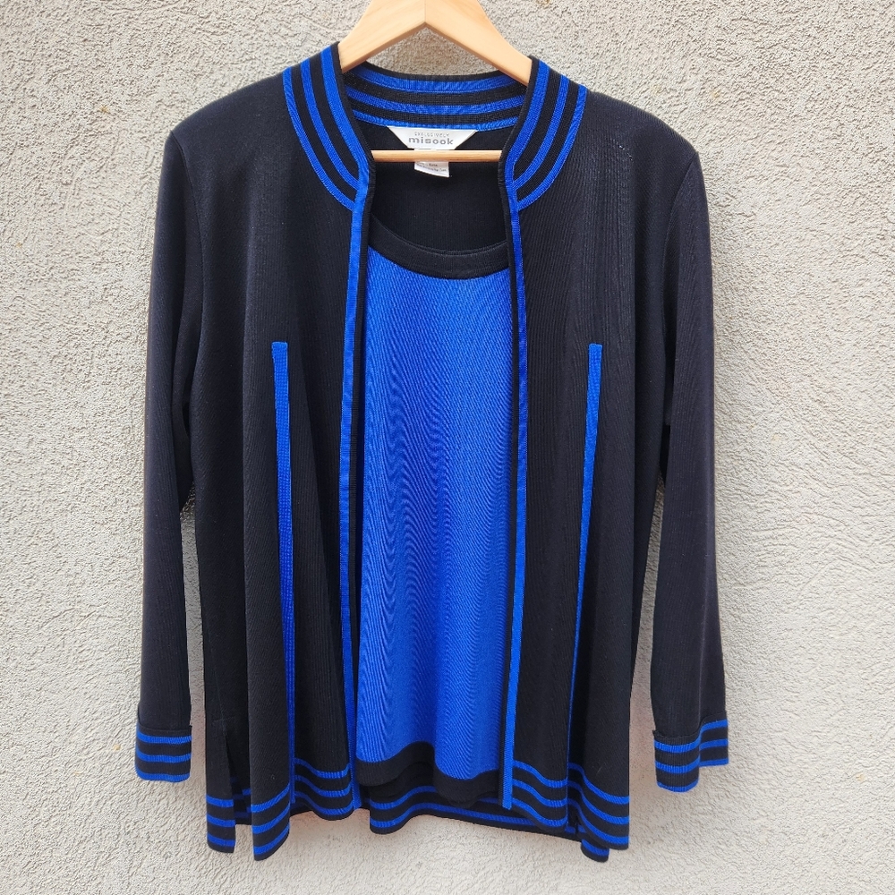 Misook Black and Royal Blue Two-Piece Sweater Cardigan Set